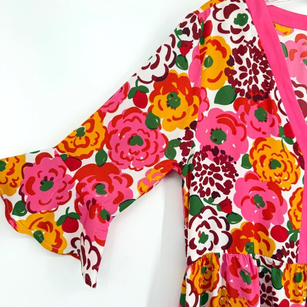 Kate Spade Utterly Famous Pink Floral Kimono Caftan Midi Dress Ruffle Sleeve M